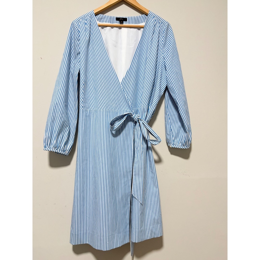 J.Crew Womens Blue White Striped Poplin Wrap Preppy Casual Dress K0691 Size 12